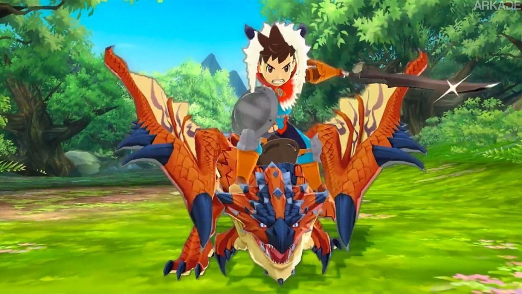 Monte em um dragão no trailer de Monster Hunter Stories