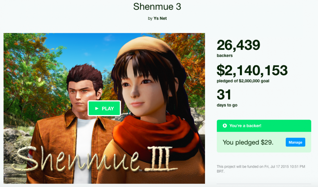 Após tirar o Kickstarter do ar várias vezes, Yu Suzuki conseguiu os dois milhões para seu Shenmue III