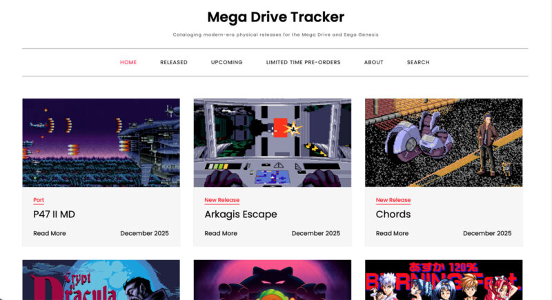 O Mega Drive Tracker é um site feito para rastrear e catalogar todos os jogos novos feitos para o 16-bits da SEGA