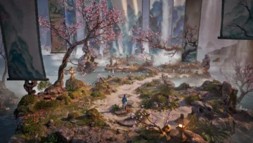 Cena de Dinghai: The Ocean Pillar mostrando um jardim de cerejeiras com lanternas de pedra e bandeiras pintadas junto ao mar