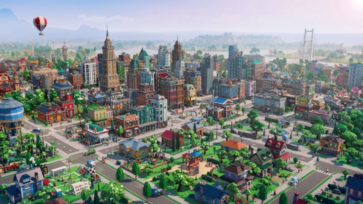 Vista aerea de uma cidade construida em pecas de LEGO, com arranha-ceus, casas e um balao de ar quente