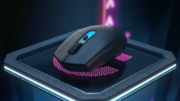 Mouse Logitech G305 X SUPERLIGHT preto sobre um mousepad iluminado por luzes azuis e rosas
