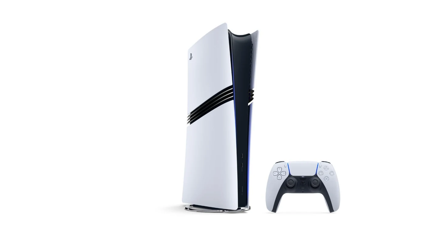 Console PlayStation 5 Pro e controle DualSense em fundo branco, foto oficial da Sony