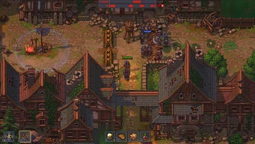 Cena de combate em Graveyard Keeper 2 com o Inquisidor lutando contra soldados invasores em uma vila medieval
