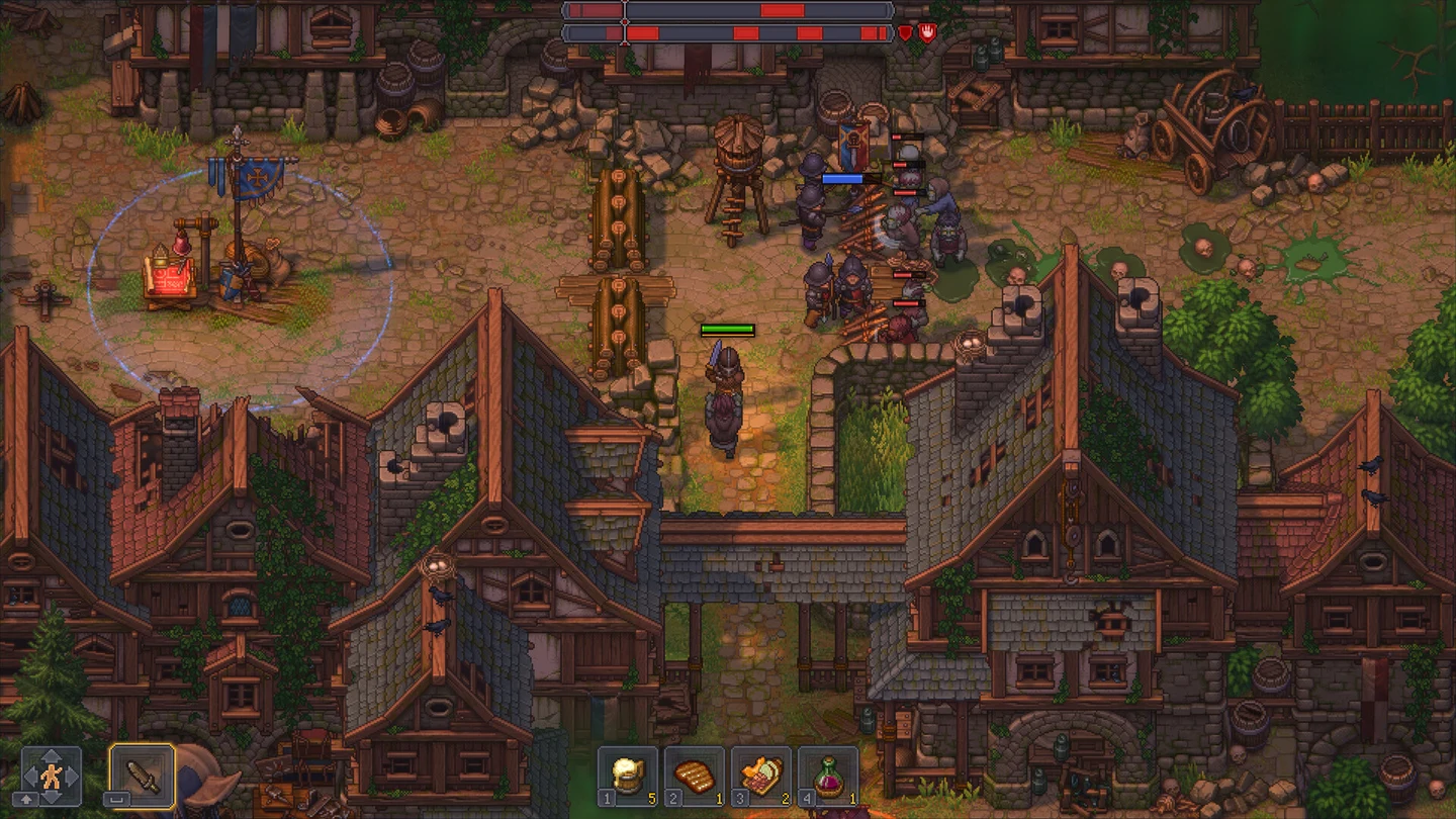 Cena de combate em Graveyard Keeper 2 com o Inquisidor lutando contra soldados invasores em uma vila medieval