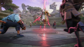 Herói de manto branco e dourado com uma lâmina de energia vermelha no centro da arena de Project ZETA, com outros personagens avançando ao redor