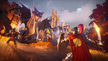 Cavaleiro enfrenta um dragão perto de um castelo em RuneScape: Dragonwilds