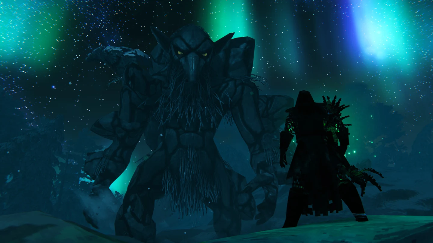 Viking encara um troll gigante sob a aurora boreal na neve do bioma Deep North de Valheim