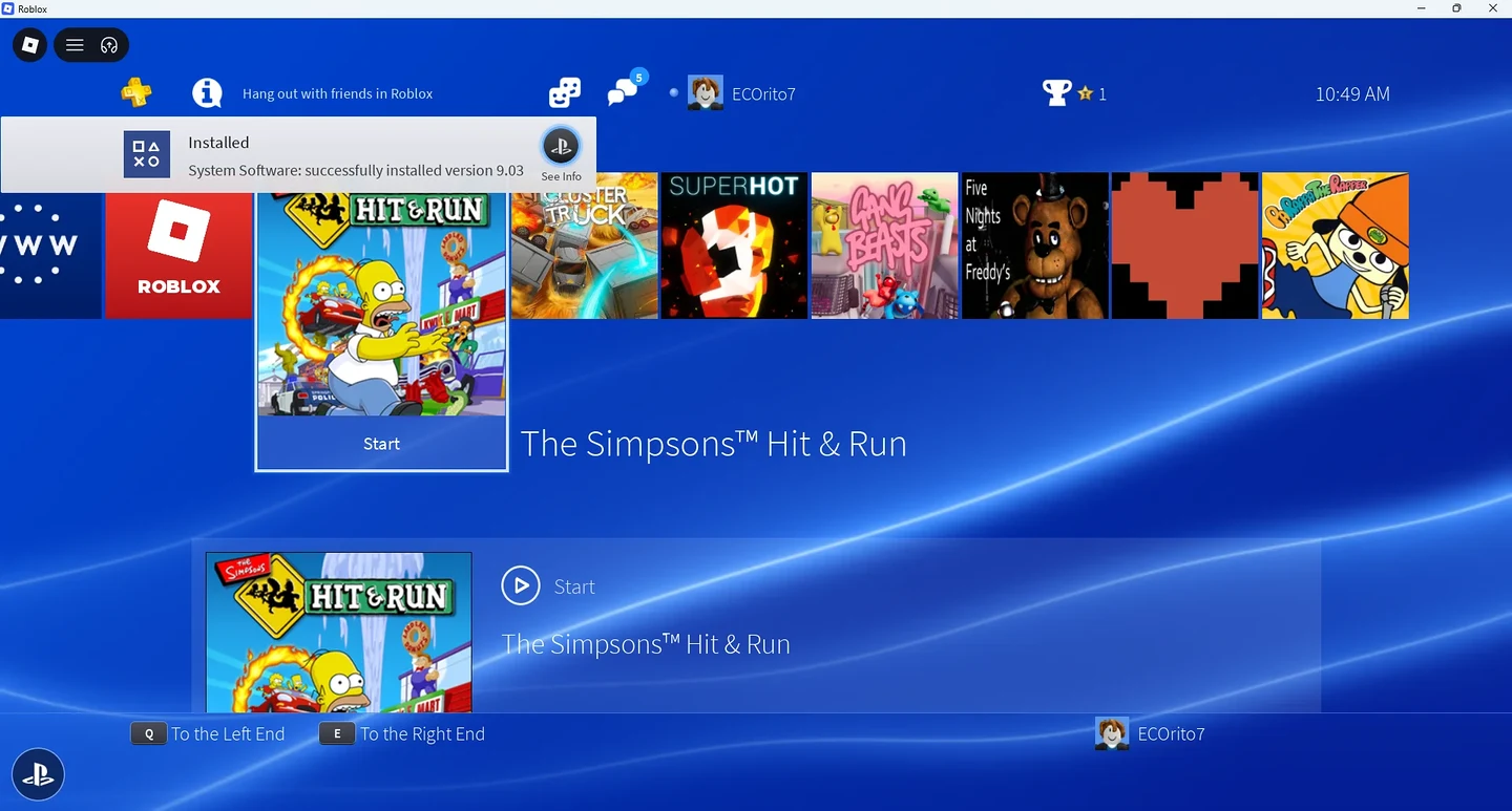 Colocaram um menu de PS4 com suporte a jogos clássicos dentro do Roblox