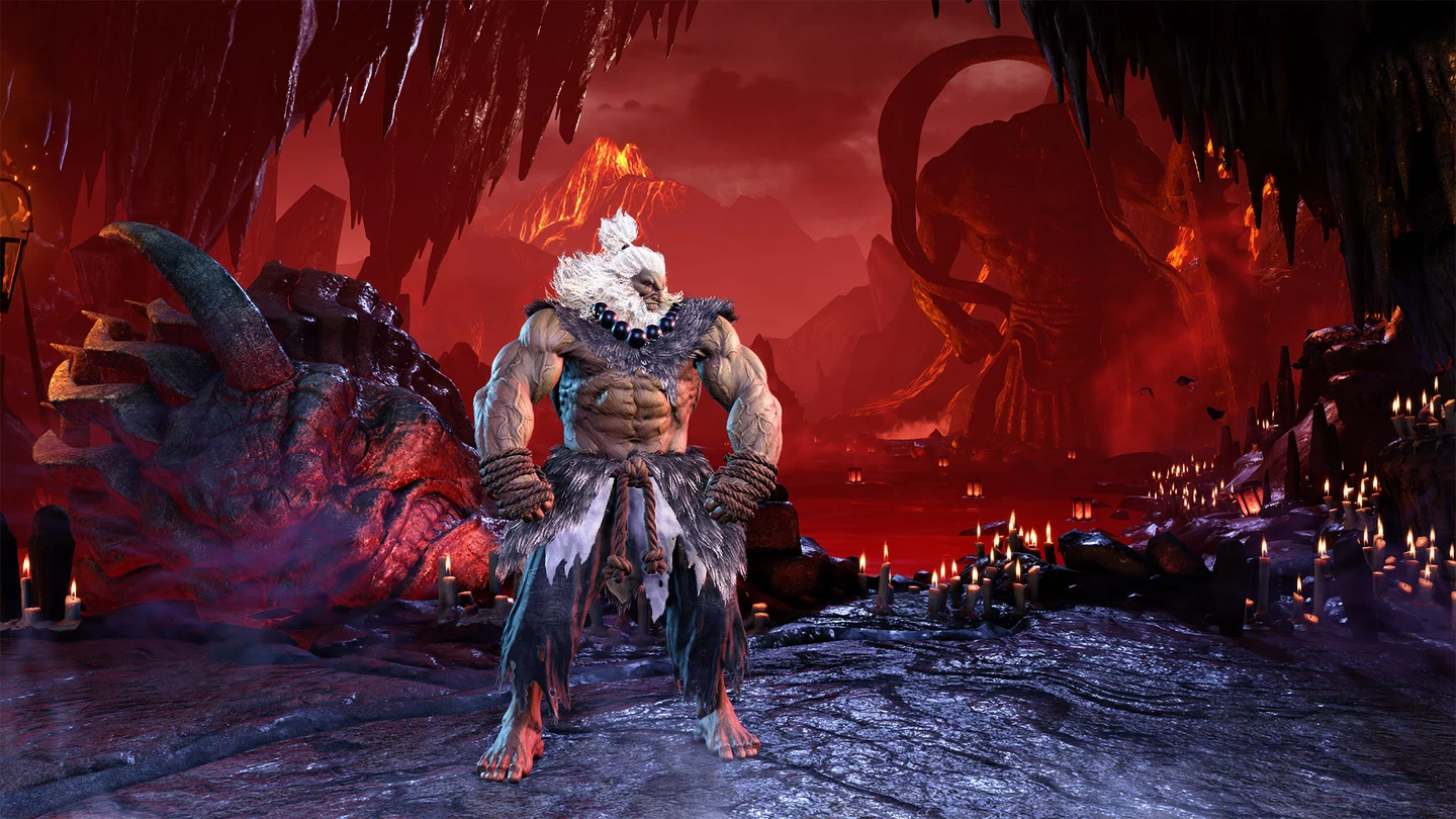 Akuma de pé em seu cenário vulcânico cercado de velas em Street Fighter 6