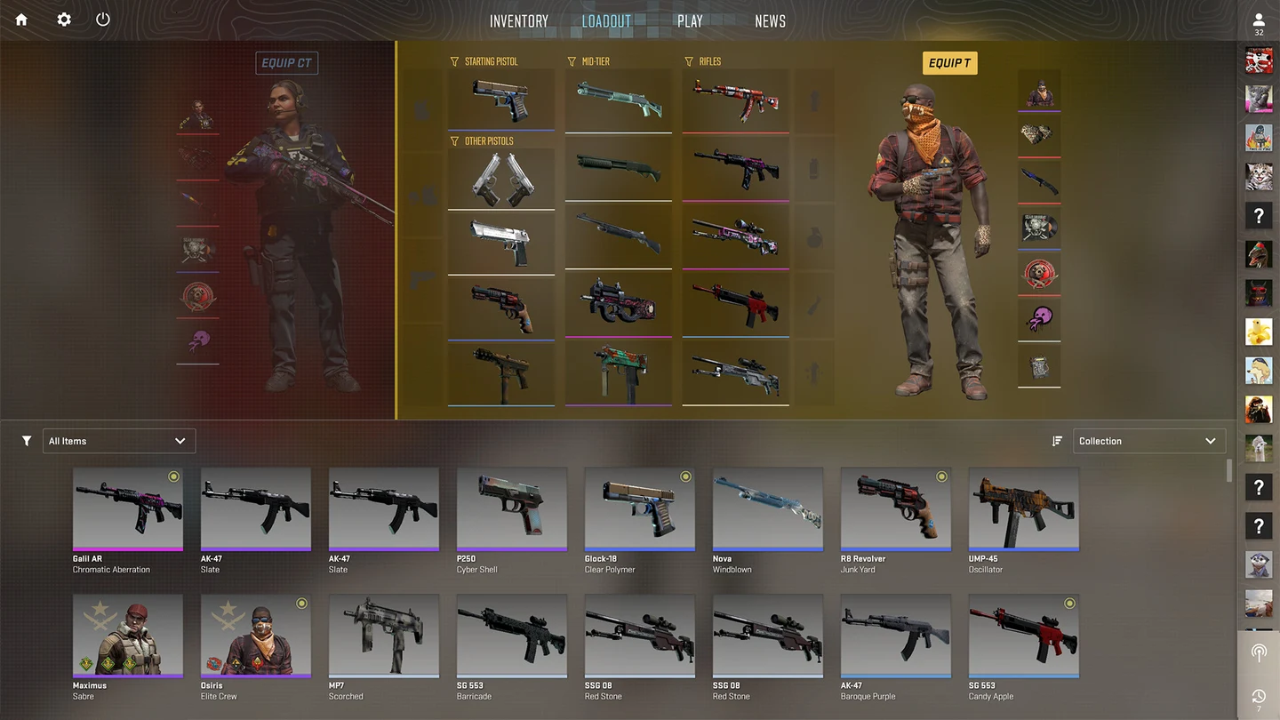 Tela de inventário de Counter-Strike 2 com as armas e skins equipadas em cada time