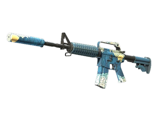 M4A1-S Solitude, com padrão de montanhas e sol em tons de azul e dourado