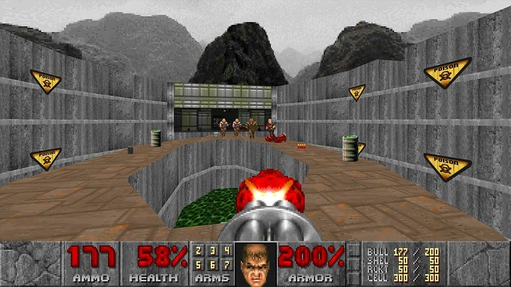 Jogador com escopeta diante de zumbis e um imp em uma base cercada por montanhas cinzentas em Doom