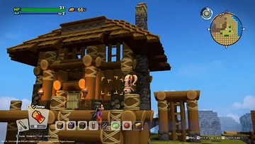 Personagens de Dragon Quest Builders 2 diante de uma casa de madeira construída bloco a bloco