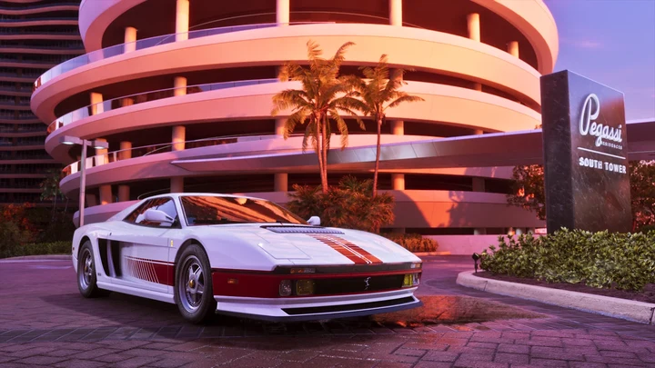 Esportivo Grotti Cheetah 1995 branco com faixas vermelhas parado diante de um prédio residencial curvo ao pôr do sol