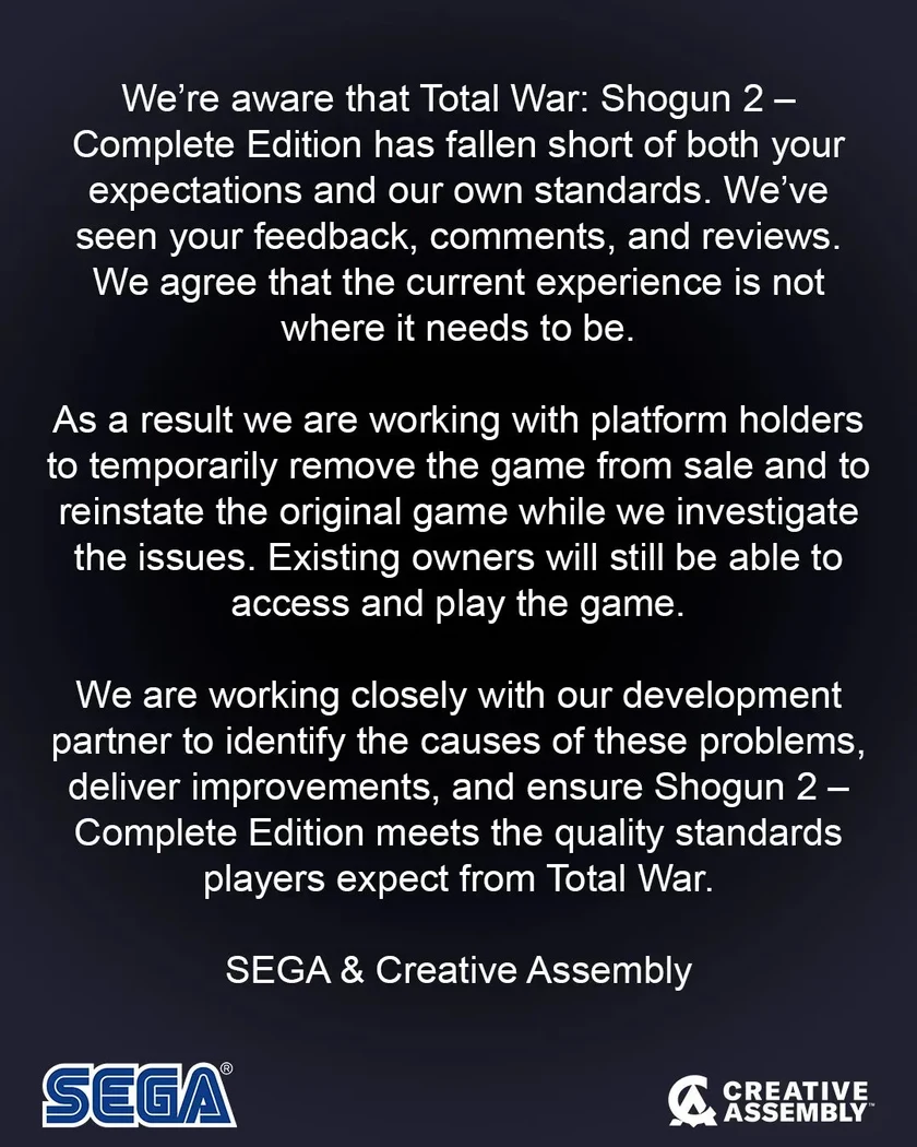Deu ruim: SEGA tira remaster de Total War: Shogun 2 de venda após críticas e promete restaurar versão original (imagem 2)