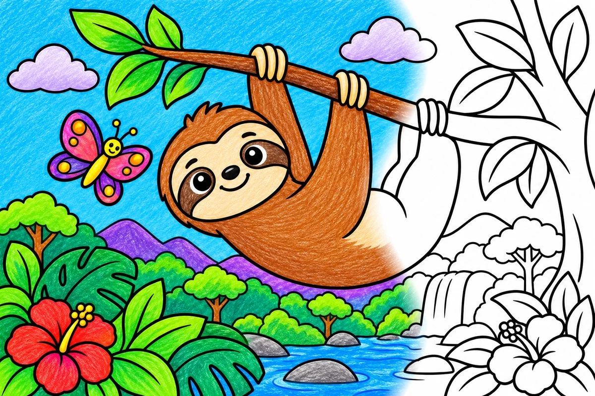 Desenho de um bicho-preguiça pendurado num galho sobre um rio na floresta, metade pintado com lápis de cor e metade só no contorno
