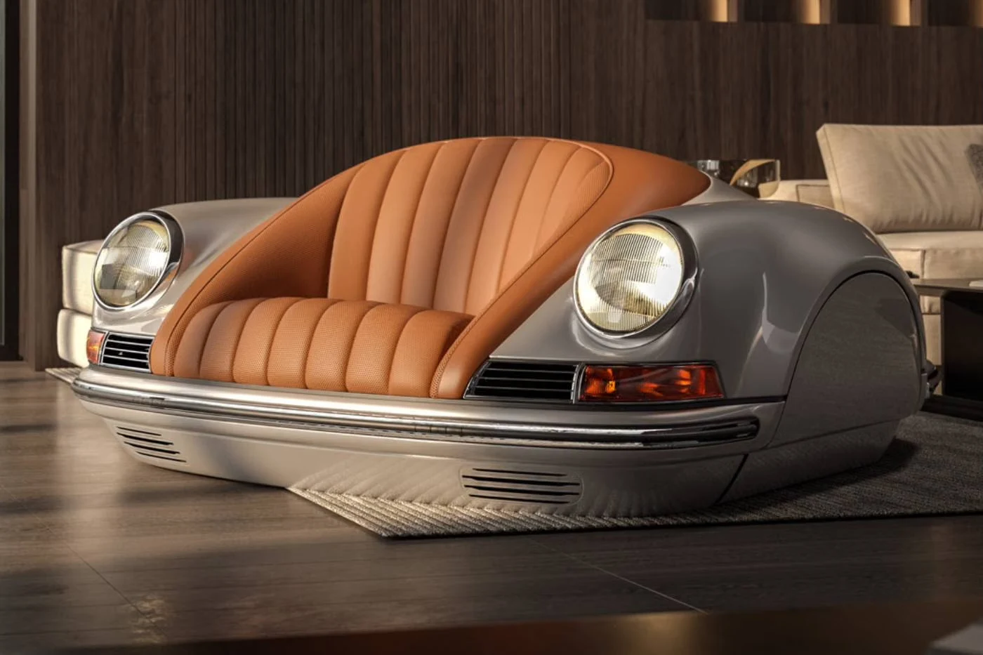 Sofá com cara de Porsche 911 custa a partir de US$ 30 mil e traz geladeira, 13 alto-falantes e controles por batidinhas