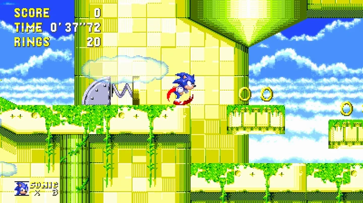 Sonic corre por uma plataforma de Sky Sanctuary em tela widescreen no Sonic 3 A.I.R.