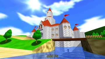 Castelo da Princesa Peach sob céu azul em Super Mario 64 rodando no sm64coopdx em widescreen