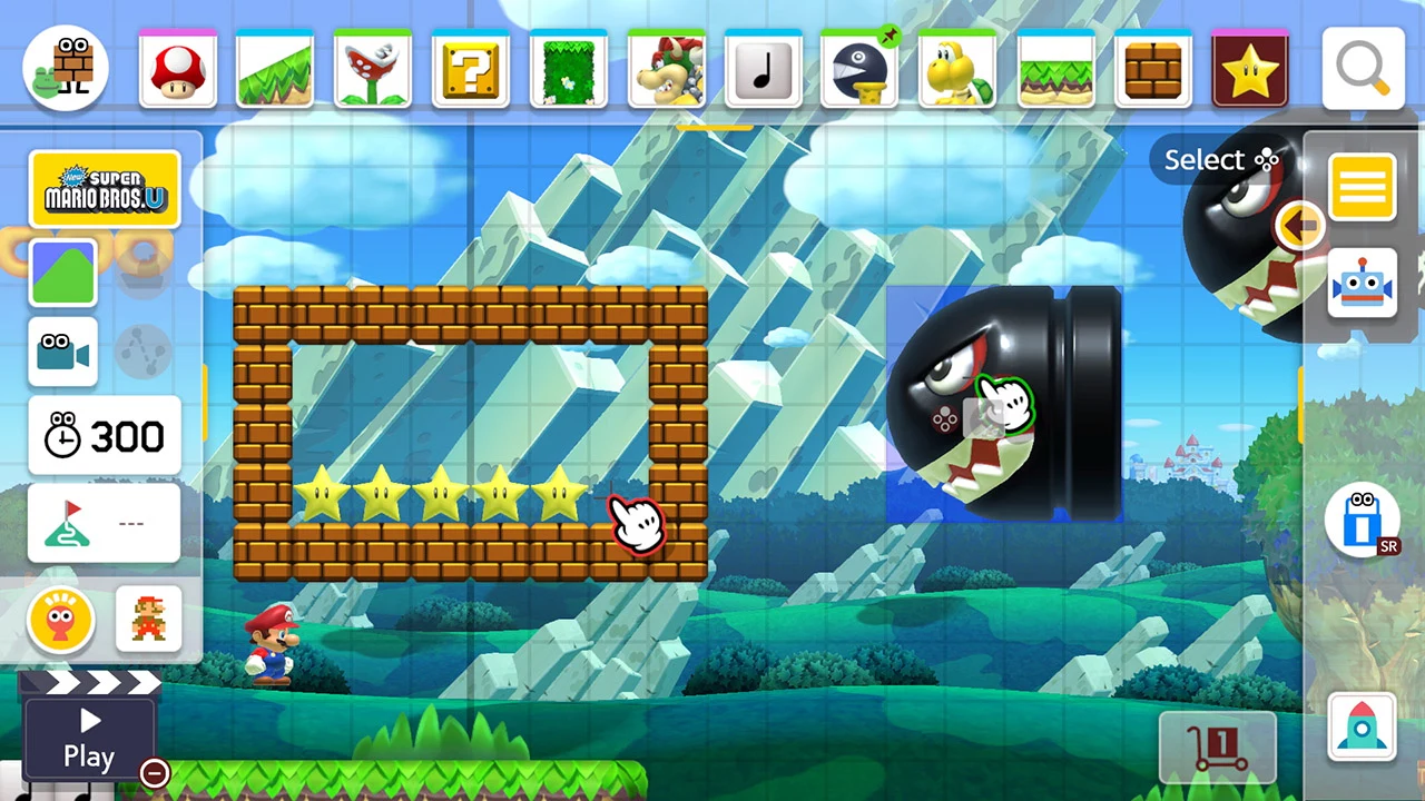 Editor de fases com Mario ao lado de uma caixa de tijolos cheia de estrelas e um Bill Blaster gigante sendo posicionado na grade