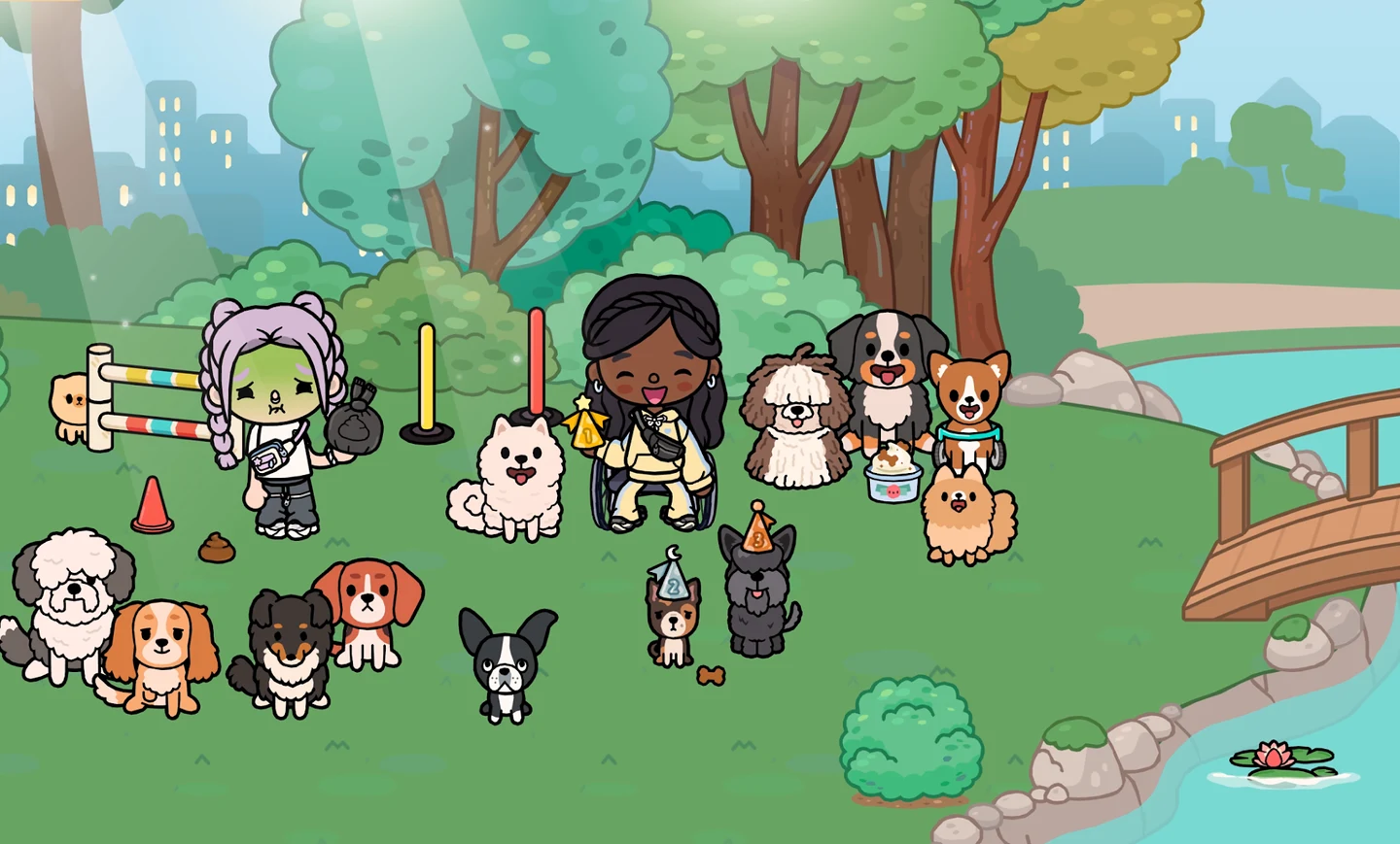 Duas personagens brincam com vários cachorros num parque com obstáculos, árvores, um riacho e uma pontezinha de madeira