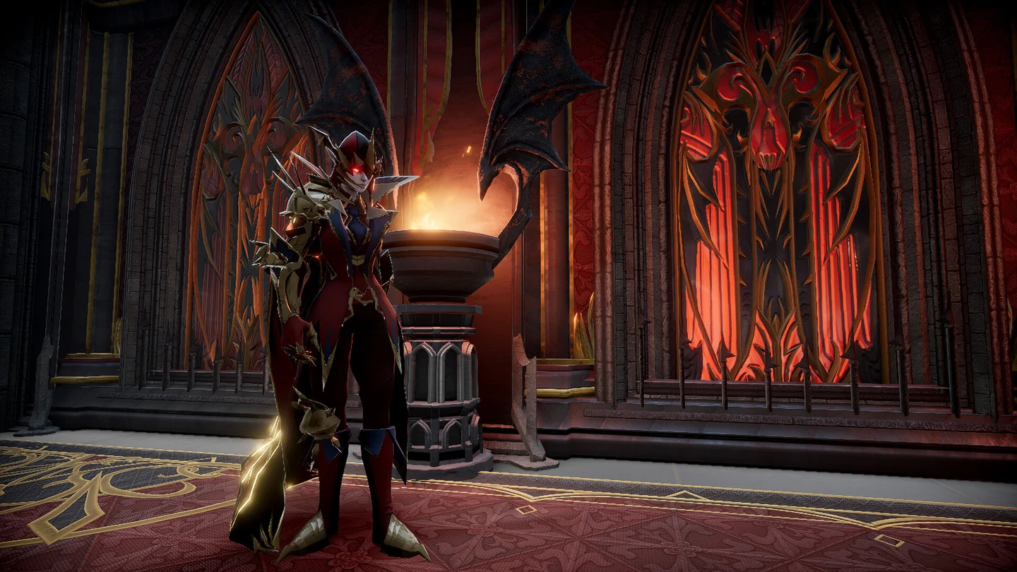 Vampira com a armadura negra, vermelha e dourada do Immortal King ao lado de um braseiro com asas de morcego
