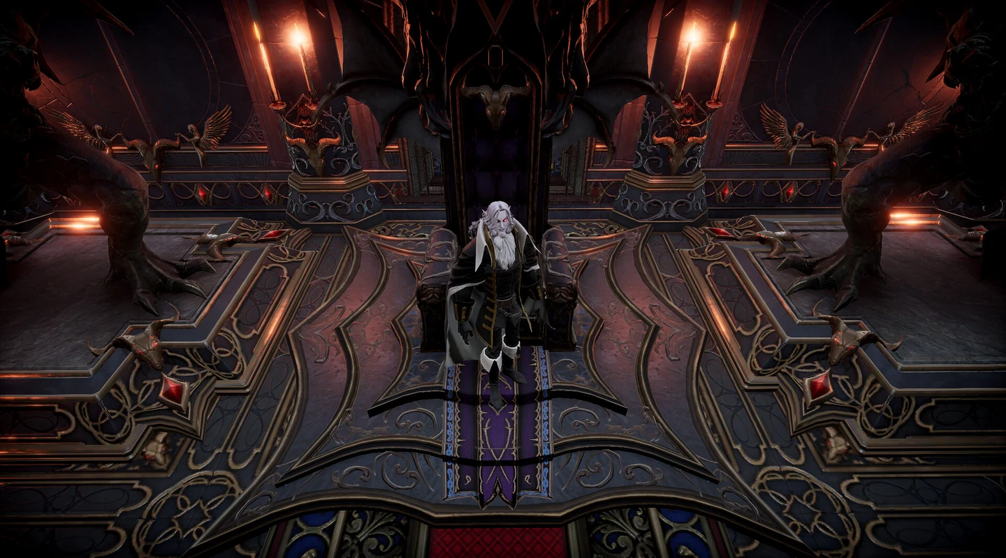 Vampiro com o visual de Alucard sentado em um trono com asas de morcego, do pacote Legacy of Castlevania
