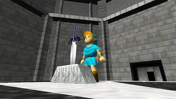 Link criança diante da Espada Mestra no Templo do Tempo, com túnica azul personalizada no Ship of Harkinian