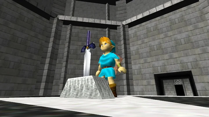 Link criança diante da Espada Mestra no Templo do Tempo, com túnica azul personalizada no Ship of Harkinian